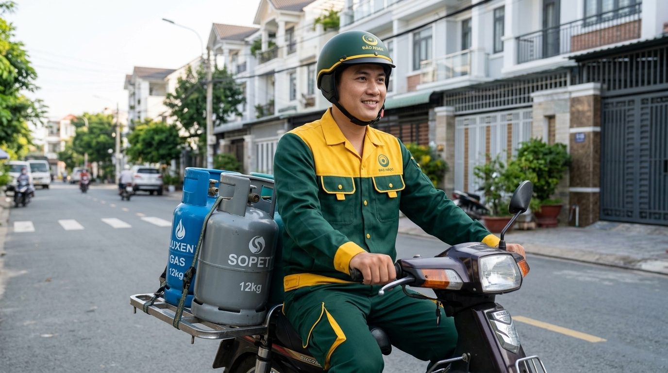 Nhân viên giao gas Ngọc Gas mặc áo đồng phục và mũ bảo hiểm chuẩn nhận diện thương hiệu tại Phường Dĩ An